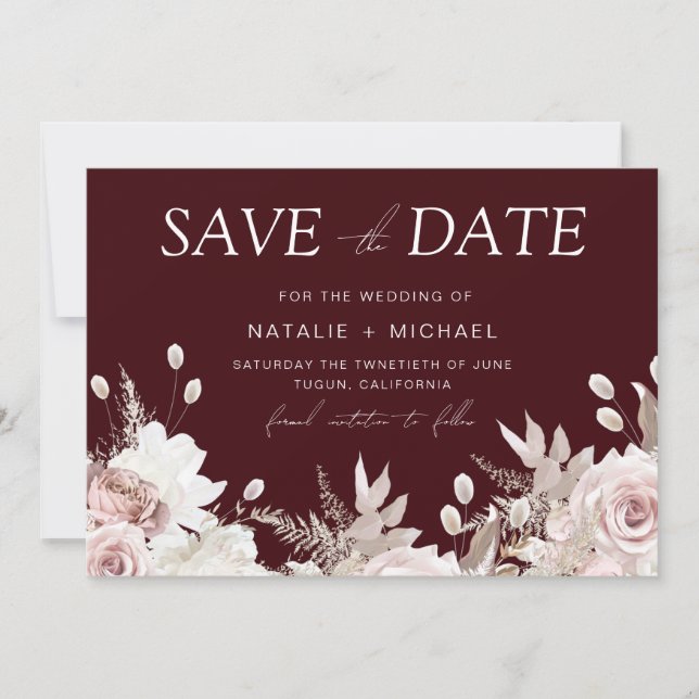 Deep Burgundy Blush Boho Floral Wedding Save The Date (Front)