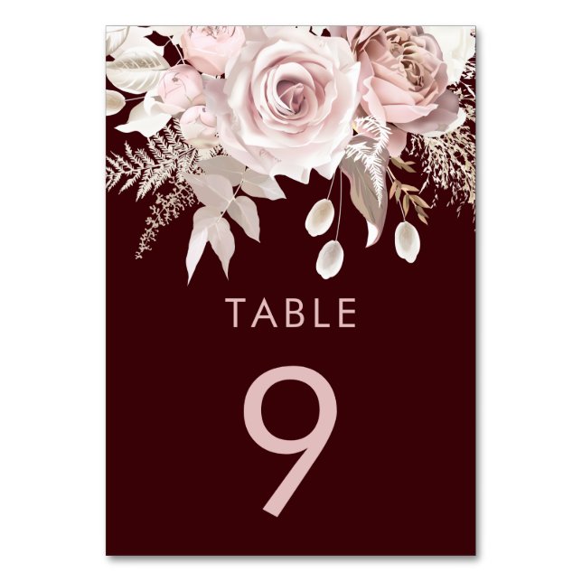 Deep Burgundy & Blush Floral Wedding Reception Table Number (Front)