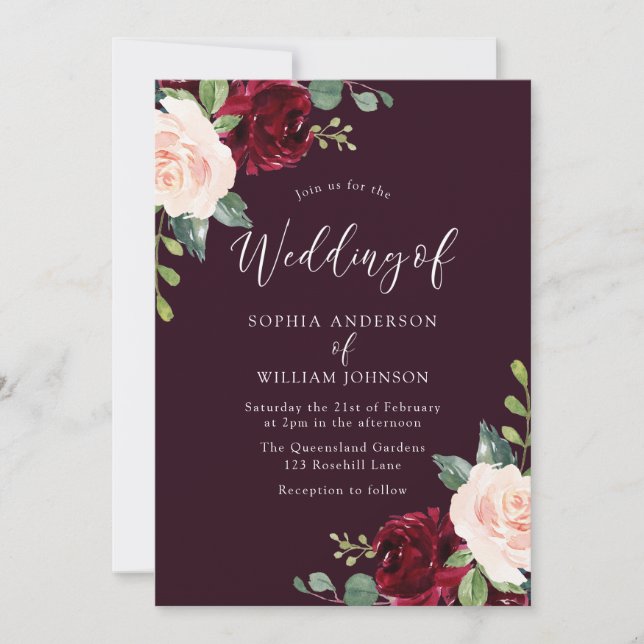 Deep Burgundy Blush Watercolor Floral Wedding Invitation (Front)