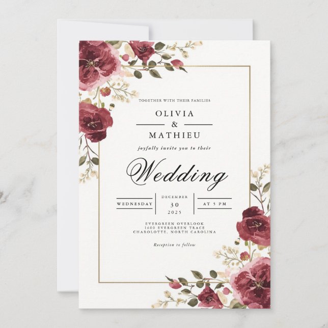 Deep Burgundy Botanical Arch Wedding Invitation (Front)