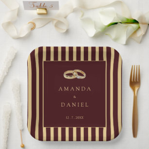 Deep Burgundy Brown Gold Diamond Wedding Stripes Paper Plate