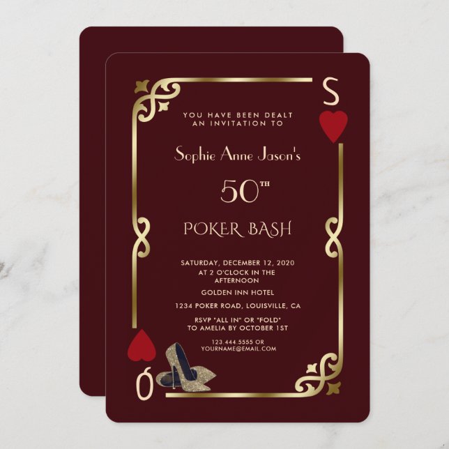 Deep Burgundy Casino Night Gatsby 50th Birthday Invitation (Front/Back)
