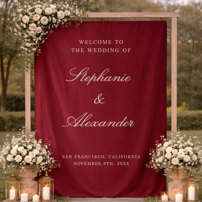 Deep Burgundy Custom Fabric Wedding Welcome Sign Tapestry (Creator Uploaded)