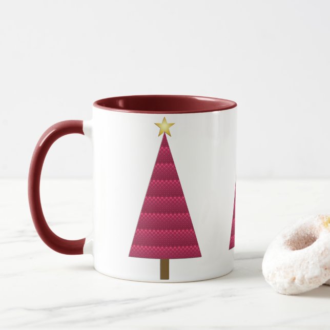 Deep Burgundy Damask Modern Christmas Tree Mug (With Donut)