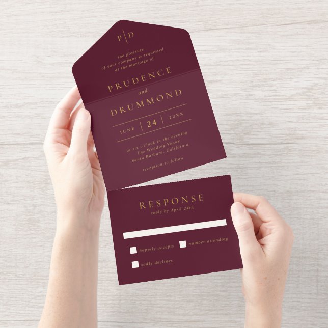 Deep Burgundy Elegant Classic Wedding All In One Invitation (Tearaway)