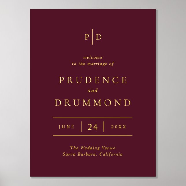 Deep Burgundy Elegant Classic Wedding Foil Sign (Front)