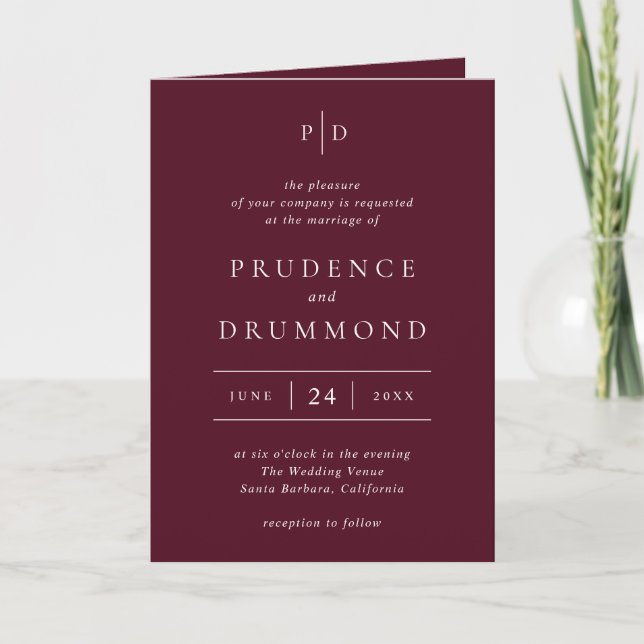 Deep Burgundy Elegant Classic Wedding Invitation (Front)
