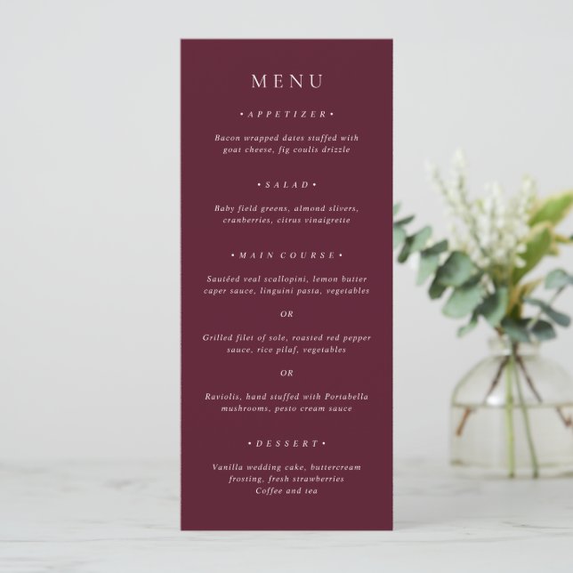 Deep Burgundy Elegant Classic Wedding Menu (Standing Front)