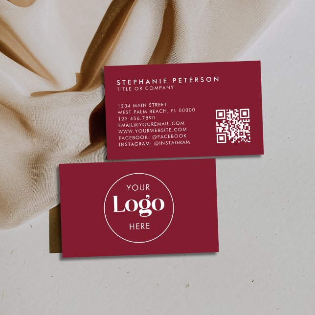 Deep Burgundy Elegant Custom Company Logo QR Code Business Card (Creator Uploaded)