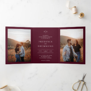 Deep Burgundy Elegant QR Code Classic Wedding Tri-Fold Invitation