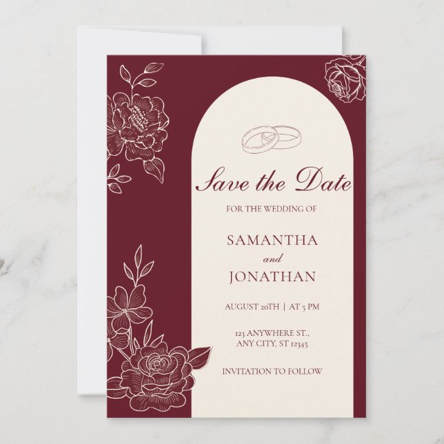 Deep Burgundy Floral Arch Wedding Save the Date Invitation (Front)