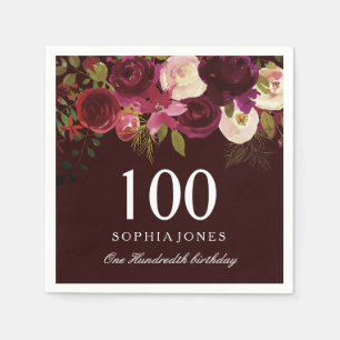 Deep Burgundy Floral Boho 100th Birthday Party Napkin