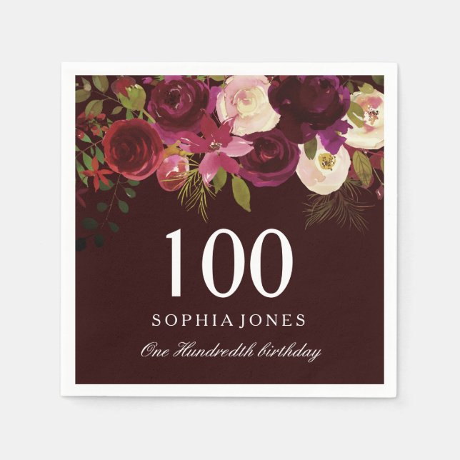 Deep Burgundy Floral Boho 100th Birthday Party Napkin (Front)