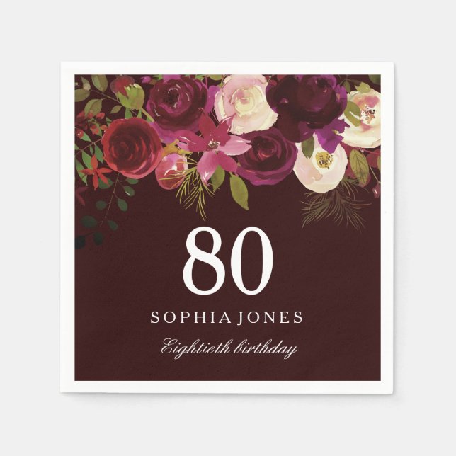 Deep Burgundy Floral Boho 80th Birthday Party Napkin (Front)
