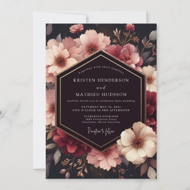 Deep Burgundy Floral Opulent Wedding Invitation (Front)