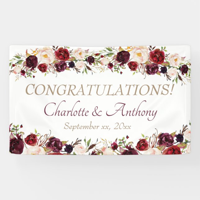 Deep Burgundy Floral Wedding Banner (Horizontal)