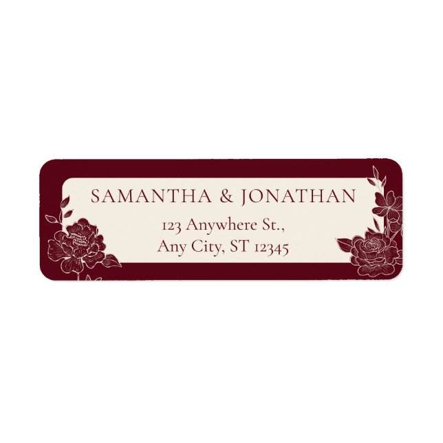 Deep Burgundy Floral Wedding Return Address Labels (Front)