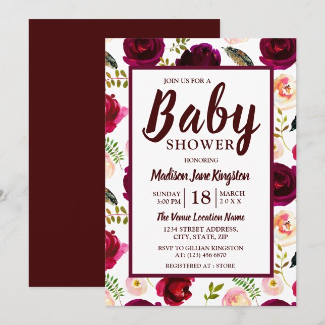 Deep Burgundy Flowers Boho Baby Shower Invitation (Front/Back)