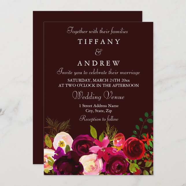 Deep Burgundy Flowers Elegant Wedding Invitation (Front/Back)