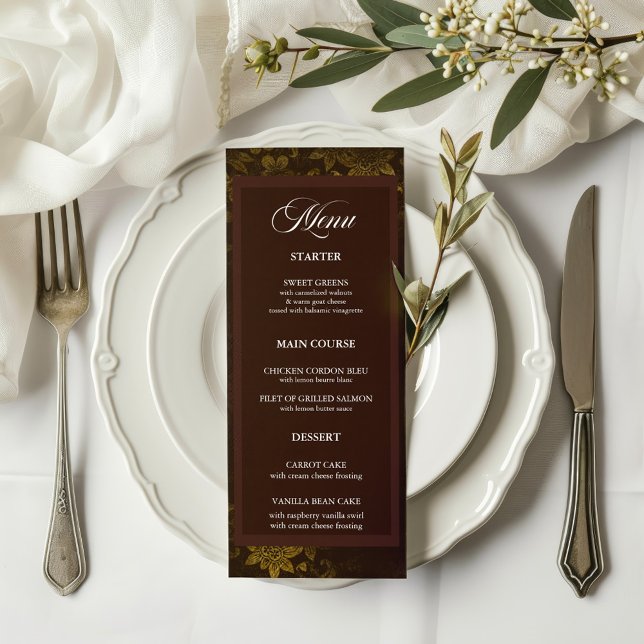  Deep Burgundy & Gold Elegant Floral Wedding  Menu (Creator Uploaded)