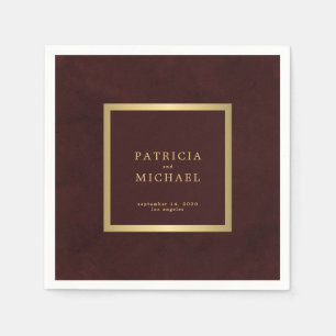 Deep burgundy gold wedding bride and groom napkin