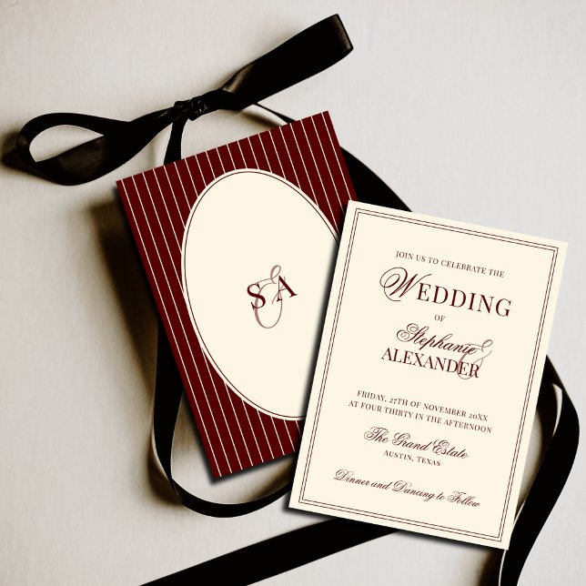 Deep Burgundy Ivory Stripe Oval Old Money Wedding  Invitation (Creator Uploaded)