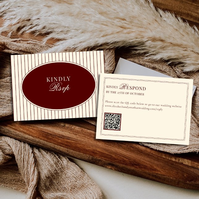 Deep Burgundy Ivory Stripes Oval Old Money RSVP Card (Creator Uploaded)