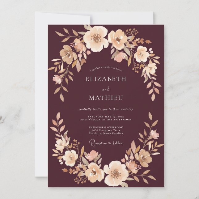 Deep Burgundy Peach Floral Wedding Invitation (Front)