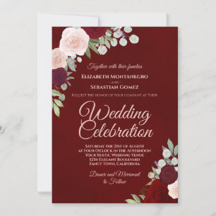 Deep Burgundy Red & Blush Boho Roses Wedding Invitation