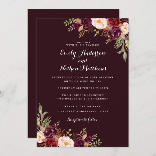 Deep Burgundy Red Floral Wedding Invitation (Front/Back)