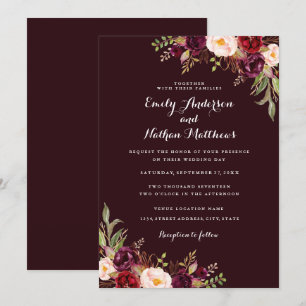 Deep Burgundy Red Floral Wedding Invitation