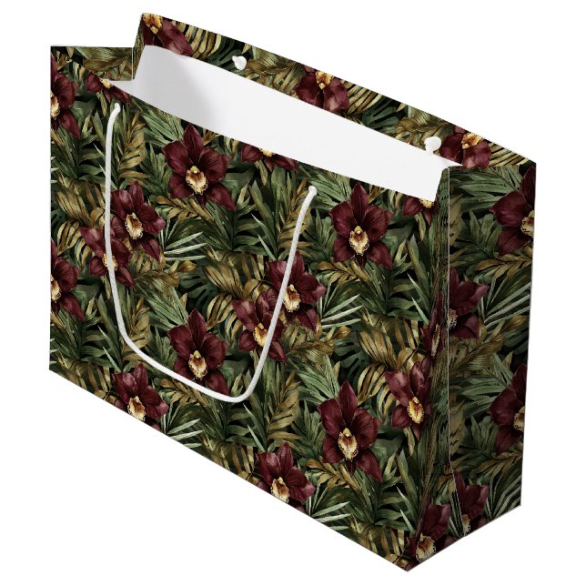 Deep Burgundy Red Orchids Jungle Birthday Large Gift Bag (Front Angled)