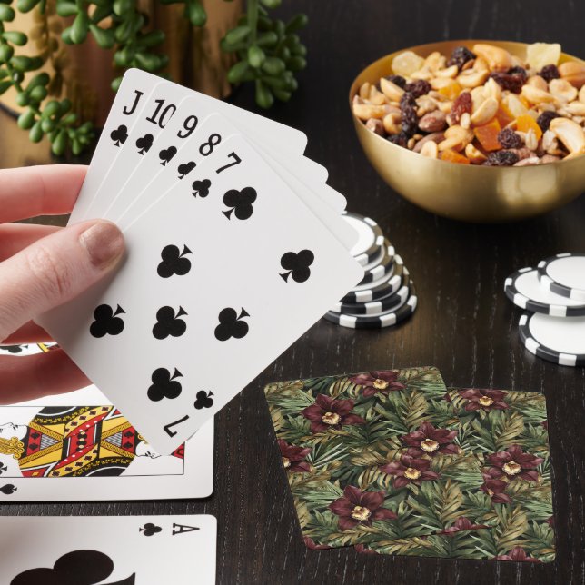 Deep Burgundy Red Orchids Jungle Birthday Playing Cards (In Situ)