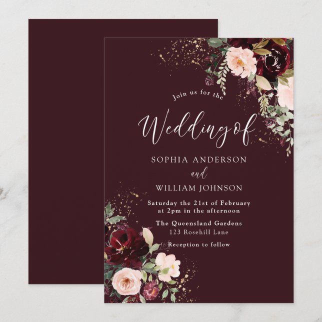 Deep Burgundy Red Wine Floral Fall Autumn Wedding  Invitation (Front/Back)