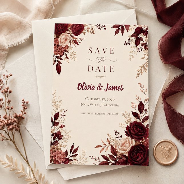 Deep Burgundy Romantic Fall Wedding Save The Date (Creator Uploaded)