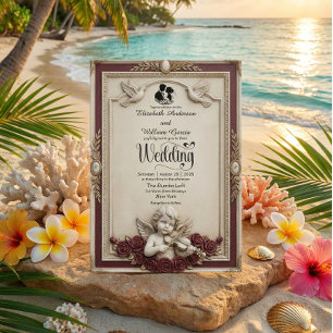 Deep Burgundy Rose & Cherub Vintage Wedding Invitation