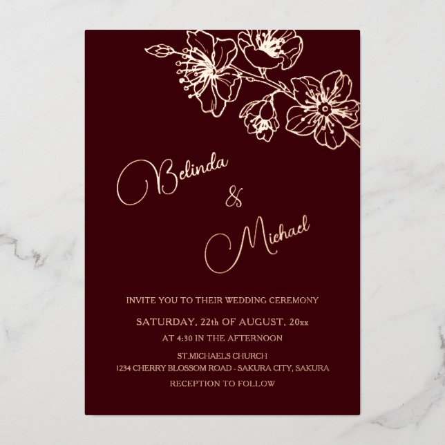 Deep Burgundy Rose Gold Line Art | Photo Wedding (Front)