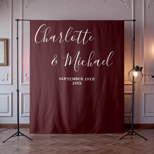 Deep Burgundy Script Minimalist Wedding Backdrop Tapestry