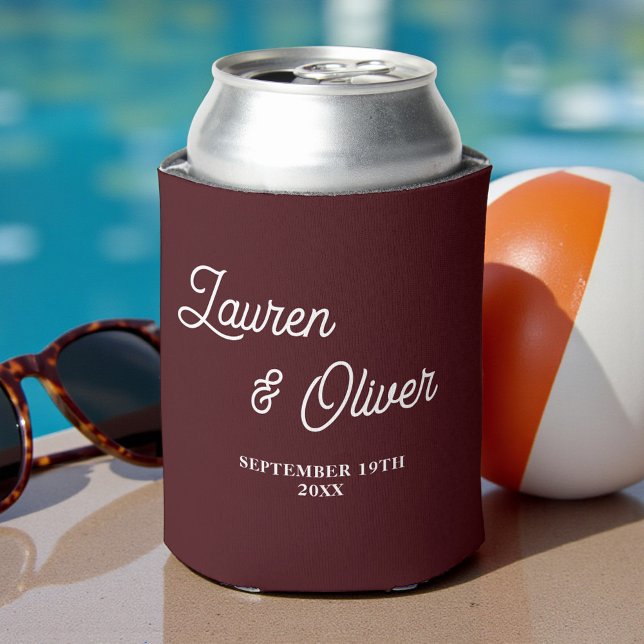 Deep Burgundy Script Minimalist Wedding Can Cooler (Creator Uploaded)
