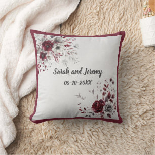 Deep Burgundy Silver Grey Watercolor Floral Custom Cushion