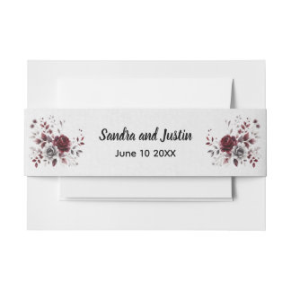 Deep Burgundy Silver Grey Watercolor Floral Custom Invitation Belly Band