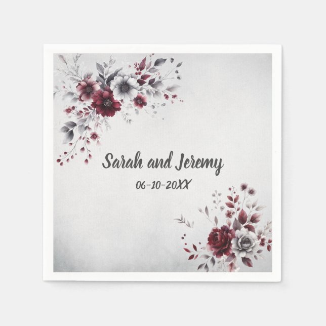 Deep Burgundy Silver Grey Watercolor Floral Custom Napkin (Front)