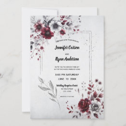Deep Burgundy Silver Grey Watercolor Floral  Invitation