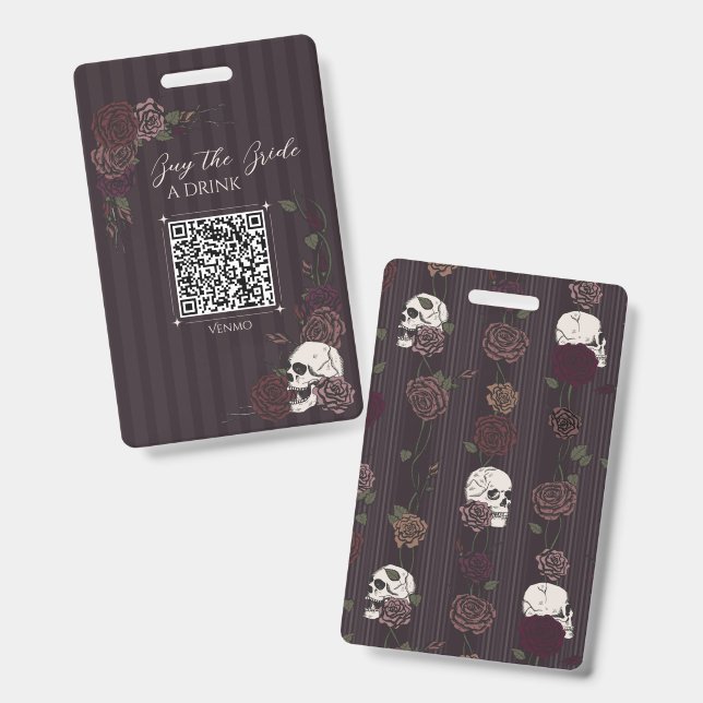 Deep Burgundy Skull Bride Drink QR ID Badge (Front & Back)