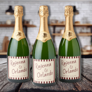 Deep Burgundy Stripes Retro Minimalist Wedding Sparkling Wine Label
