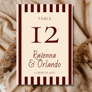 Deep Burgundy Stripes Retro Minimalist Wedding Table Number