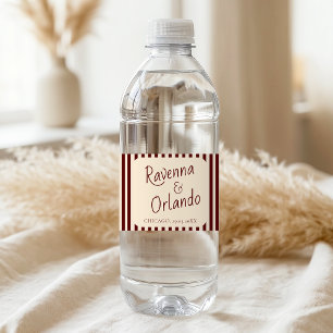 Deep Burgundy Stripes Retro Minimalist Wedding Water Bottle Label