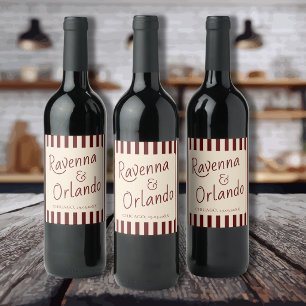Deep Burgundy Stripes Retro Minimalist Wedding Wine Label