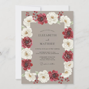 Deep Burgundy Taupe Peony Wedding Invitation