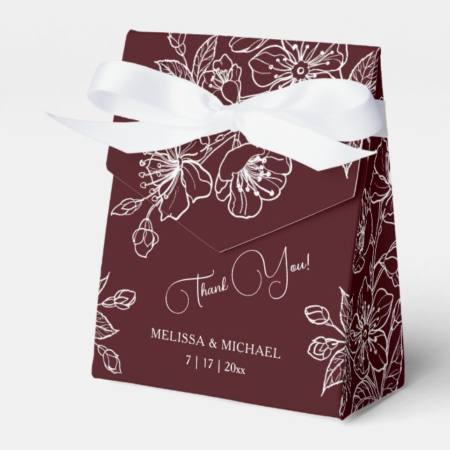 Deep Burgundy White Floral | Custom Wedding Favour Box (Front Side)